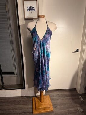 Silky Peacock Print Halter Midi Dres